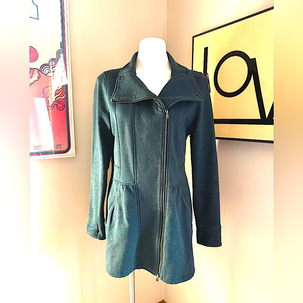 Athleta Long Peplum Soft Full Zip Jacket Heathered Teal Sz M - Style 918928